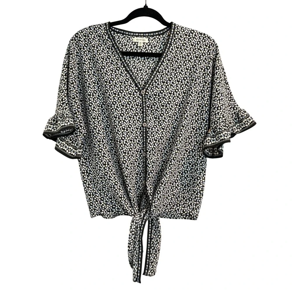 Max Studio Black Floral Tie Front Ruffle Sleeve Blouse Women XS Leaf Print VNeck